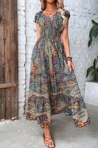 Bohemian College Print Fold V Neck A Line Dresses