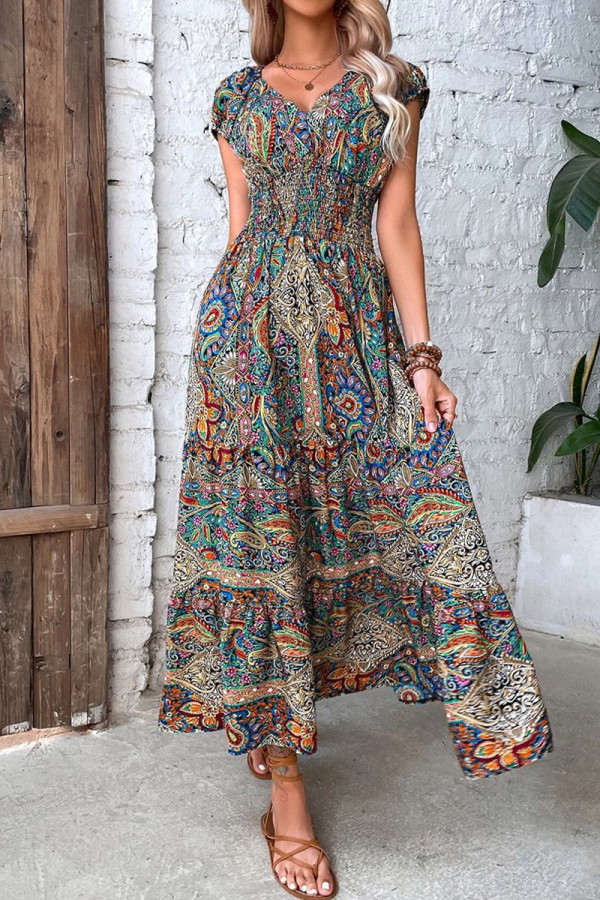 Bohemian College Print Fold V Neck A Line Dresses