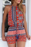 Fashion Street Print Patchwork O Neck Loose Rompers