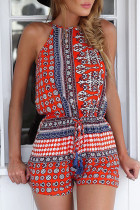Fashion Street Print Patchwork O Neck Loose Rompers