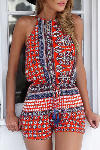 Fashion Street Print Patchwork O Neck Loose Rompers