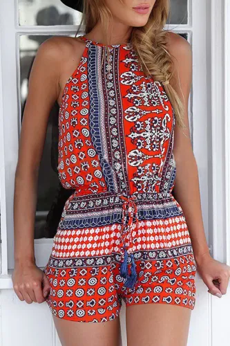 Fashion Street Print Patchwork O Neck Loose Rompers