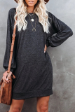 Casual Solid Split Joint Pocket O Neck Long Sleeve Dresses