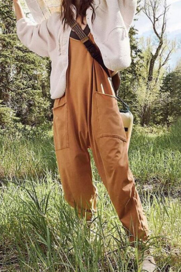 Street Solid Solid Color V Neck Loose Jumpsuits