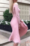 Elegant Solid Basic O Neck Pleated Dresses