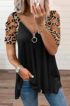 Casual Leopard Hollowed Out Zipper V Neck T-Shirts