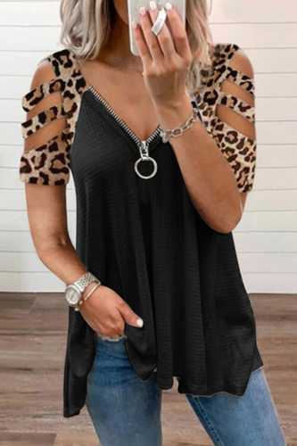 Casual Leopard Hollowed Out Zipper V Neck T-Shirts