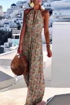 Fashion Bohemian Print Patchwork Halter Pleated Dresses