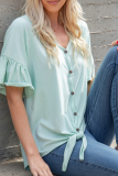 Casual Solid Buckle Strap Design V Neck Tops