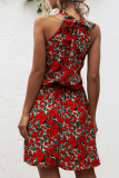 Elegant Print Floral Frenulum Halter A Line Dresses