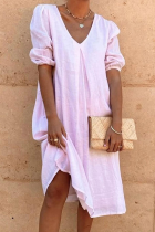 Casual Solid Patchwork Fold V Neck A Line Dresses