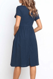 Elegant Solid Pocket Buckle V Neck A Line Dresses