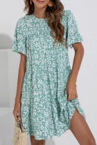 Elegant Floral Split Joint Flounce O Neck A Line Dresses