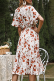 Elegant Floral Frenulum Fold O Neck A Line Dresses