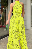 Casual Simplicity Print Patchwork Frenulum Halter Loose Jumpsuits