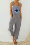 Casual Print Pocket Buttons U Neck Straight Jumpsuits