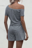 Fashion Casual Solid Draw String Oblique Collar Loose Rompers