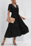 Elegant Solid Split Joint With Belt V Neck Cake Skirt Dresses