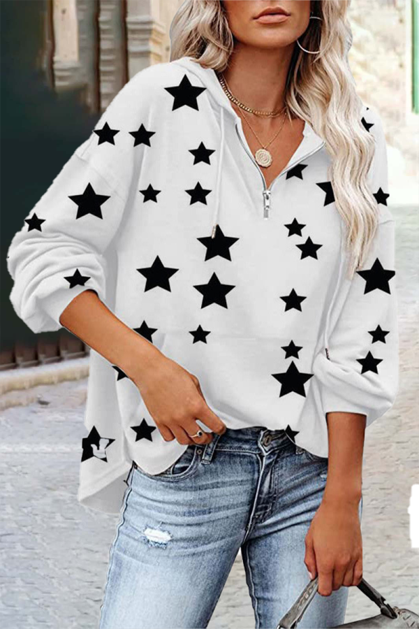 Casual The stars Pocket Zipper V Neck Tops