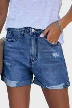 Street Solid Ripped Make Old Mid Waist Straight Denim Shorts