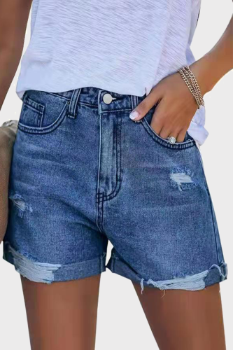 Street Solid Ripped Make Old Mid Waist Straight Denim Shorts