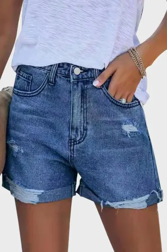 Street Solid Ripped Make Old Mid Waist Straight Denim Shorts