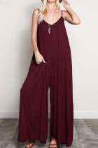 Fashion Street Solid Split Joint V Neck Loose Jumpsuits