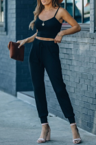 Casual Solid Backless Spaghetti Strap Sleeveless Two Pieces
