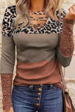 Leopard Print Lace Panel Striped Casual T-Shirt