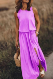 Fashion Casual Solid Patchwork Slit O Neck Waist Skirt Dresses