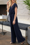 Casual Solid With Belt V Neck Straight Jumpsuits