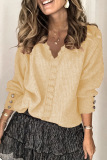 Casual Solid Lace Patchwork Buckle V Neck Tops