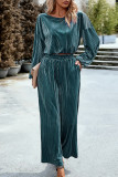 Elegant Solid Pocket O Neck Long Sleeve Two Pieces