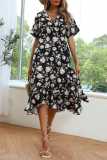 Fashion Elegant Floral Split Joint Flounce V Neck A Line Dresses