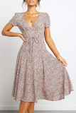 Elegant Print Split Joint Frenulum V Neck A Line Dresses