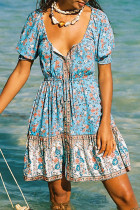 Fashion Casual Print Split Joint V Neck Pleated Dresses