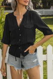 Fashion Casual Solid Draw String Buckle V Neck Tops