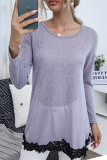 Casual Patchwork Lace Contrast O Neck Tops