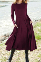Elegant College Solid Patchwork Pocket Asymmetrical Solid Color O Neck Sheath Dresses