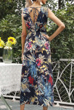 Fashion Street Print Split Joint V Neck Waist Skirt Dresses