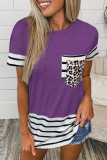 Casual Striped Leopard Patchwork Pocket T-Shirts