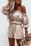 Casual Street Solid Split Joint Flounce Off the Shoulder Three Quarter Two Pieces