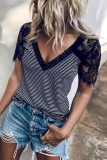 Casual Striped Patchwork V Neck T-Shirts