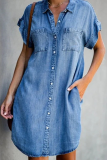 Fashion Street Solid Pocket Buckle Shirt Collar A Line Dresses