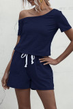 Fashion Casual Solid Draw String Oblique Collar Loose Rompers