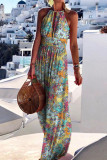 Fashion Bohemian Print Patchwork Halter Pleated Dresses