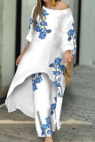 Casual Print Asymmetrical O Neck Three Quarter Two Pieces
