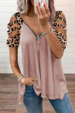 Casual Leopard Hollowed Out Zipper V Neck T-Shirts