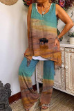 Fashion Casual Print Split Joint O Neck Sleeveless Two Pieces