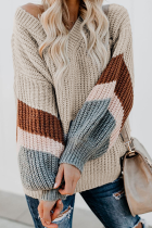 Casual Striped Patchwork Contrast V Neck Tops Sweater